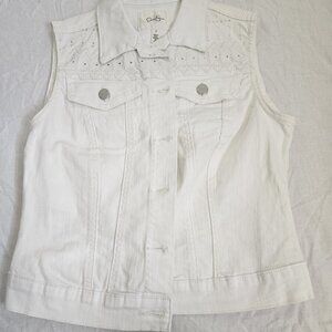 Jessica Simpson White Denim Sleeveless Vest Jacket Women's Size S Casual